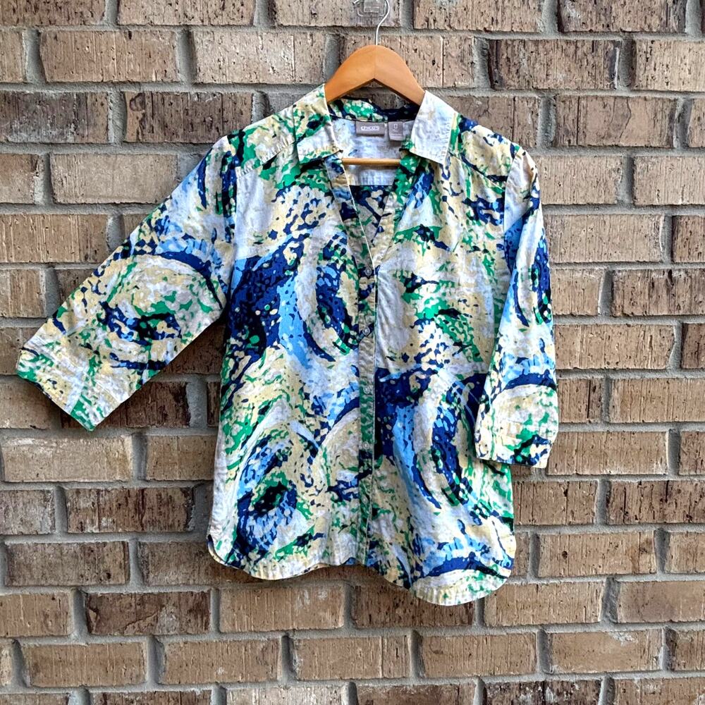 Chico’s Women’s Sz 0 (Sz 4) Blouse Abstract Blue Green 3/4 Sleeve Button Front